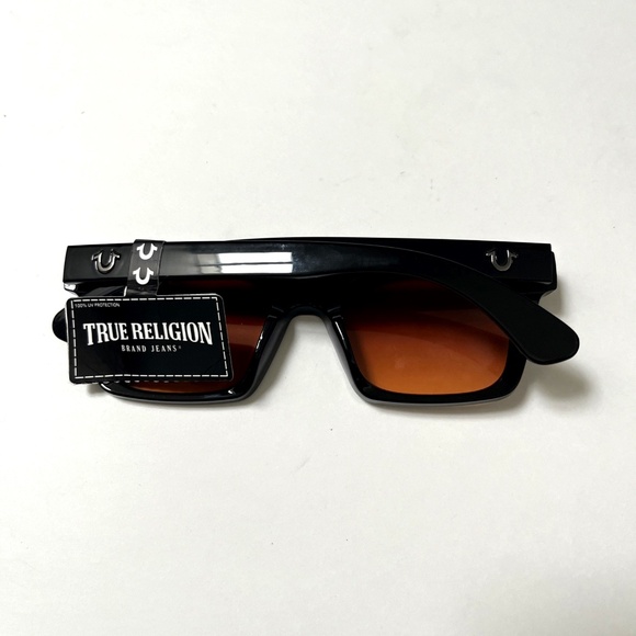 NWT True Religion Square Sunglasses Black Acetate Frame Orange Lens Logo OS - Picture 6 of 7